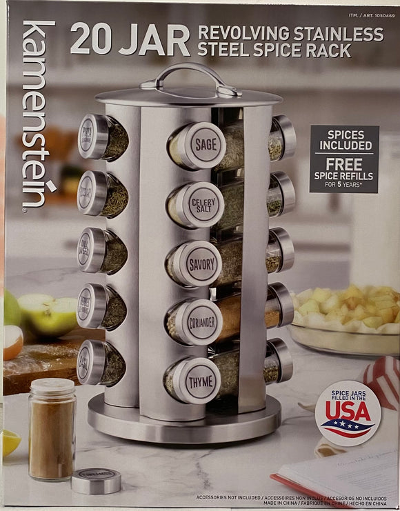 20 JAR  Revolving Stainless Steel Spice Rack- Free Spice Refills